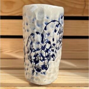 Ceramic‎ Vase / tall cup with skull design handmade
